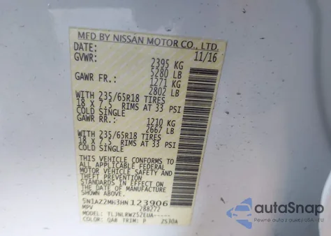 2017 Nissan Murano Sl из США, поврежденный, VIN 5N1AZ2MH3HN123906